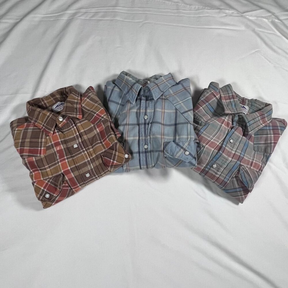 Lot of 3 Vintage Dakota‎ Pearl Snap Button Ups Mens XL Plaid Distressed Holes